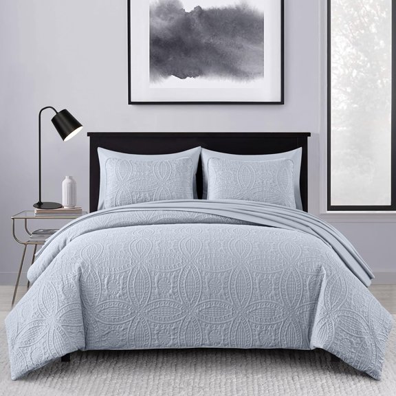 Chezmoi Collection Liam 7-Piece Silver Gray Bed in a Bag Queen Comforter Set with Sheets Medallion Embossed Bedding Set
