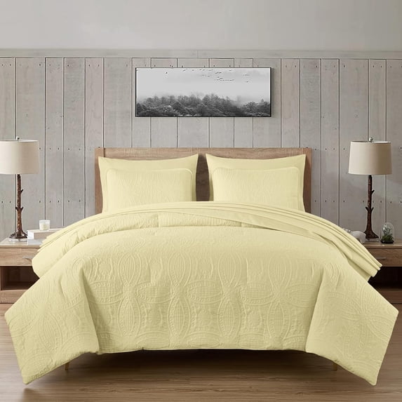 Chezmoi Collection Liam 7-Piece Soft Yellow Bed in a Bag Queen Comforter Set with Sheets Medallion Embossed Bedding Set