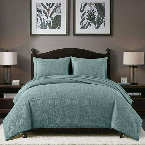 Chezmoi Collection Liam 7-Piece Spa Blue Bed in a Bag Queen Comforter Set with Sheets Medallion Embossed Bedding Set