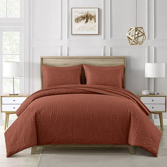 Chezmoi Collection Liam 7-Piece Terracotta Bed in a Bag Queen Comforter Set with Sheets Medallion Embossed Bedding Set