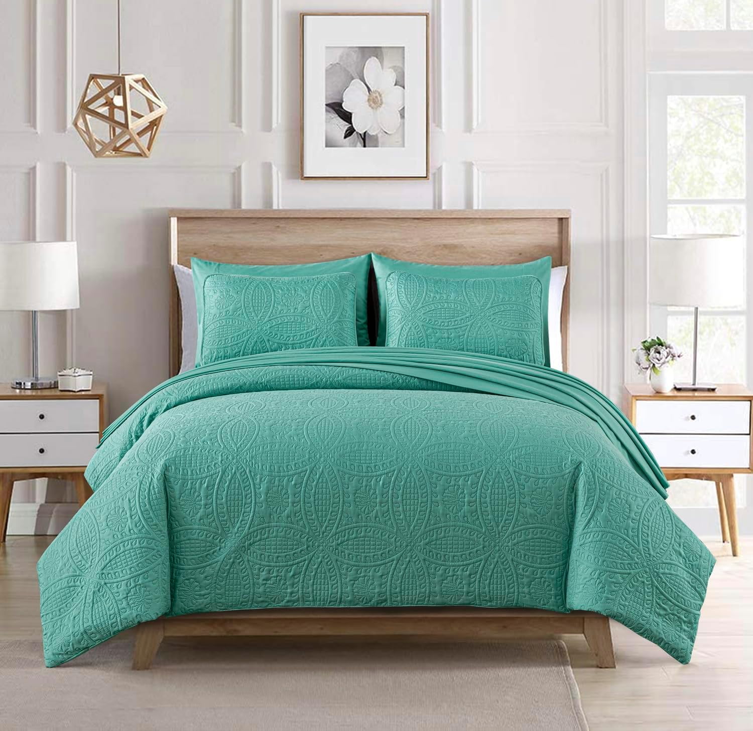 Chezmoi Collection Liam 7 Piece Turquoise Bed in a Bag King Comforter Set with Sheets Medallion Embossed Bedding Set Walmart