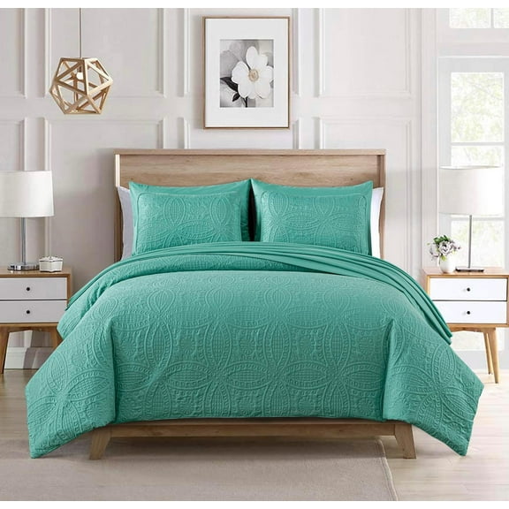 Chezmoi Collection Liam 7-Piece Turquoise Bed in a Bag Queen Comforter Set with Sheets Medallion Embossed Bedding Set