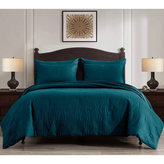 Chezmoi Collection Liam 7-Piece Teal Bed in a Bag Queen Comforter Set with Sheets Medallion Embossed Bedding Set