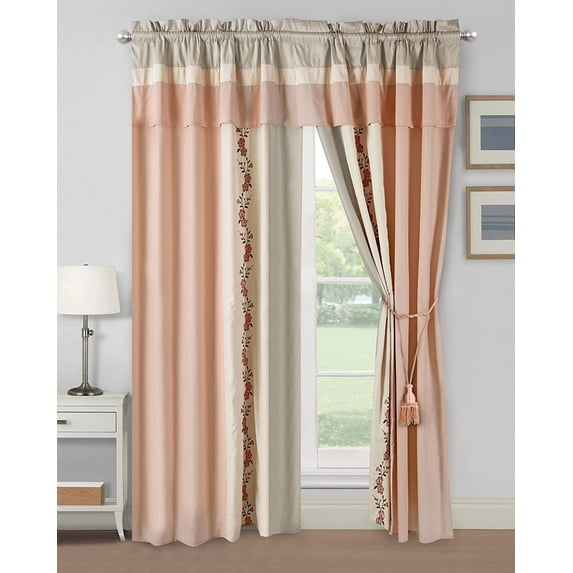 Chezmoi Collection Linnea 4-Piece Luxury Blush/Neutral/Taupe Cherry Blossom Floral Embroidery Window Curtain Panel Set with Sheer Backing Valance Tassels, 120 inch x 84 inch