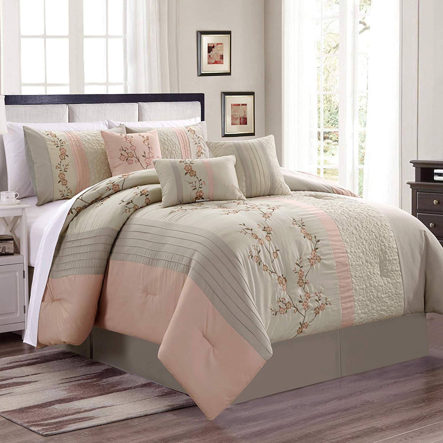 Blush Floral Embroidered Microfiber California King Bedding Set