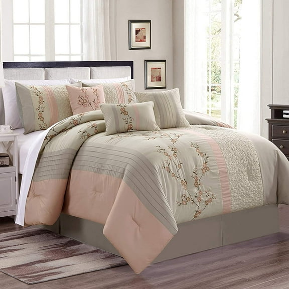 Chezmoi Collection Linnea 7-Piece Luxury Blush Cherry Blossom Floral Embroidery Bedding Comforter Set, Full