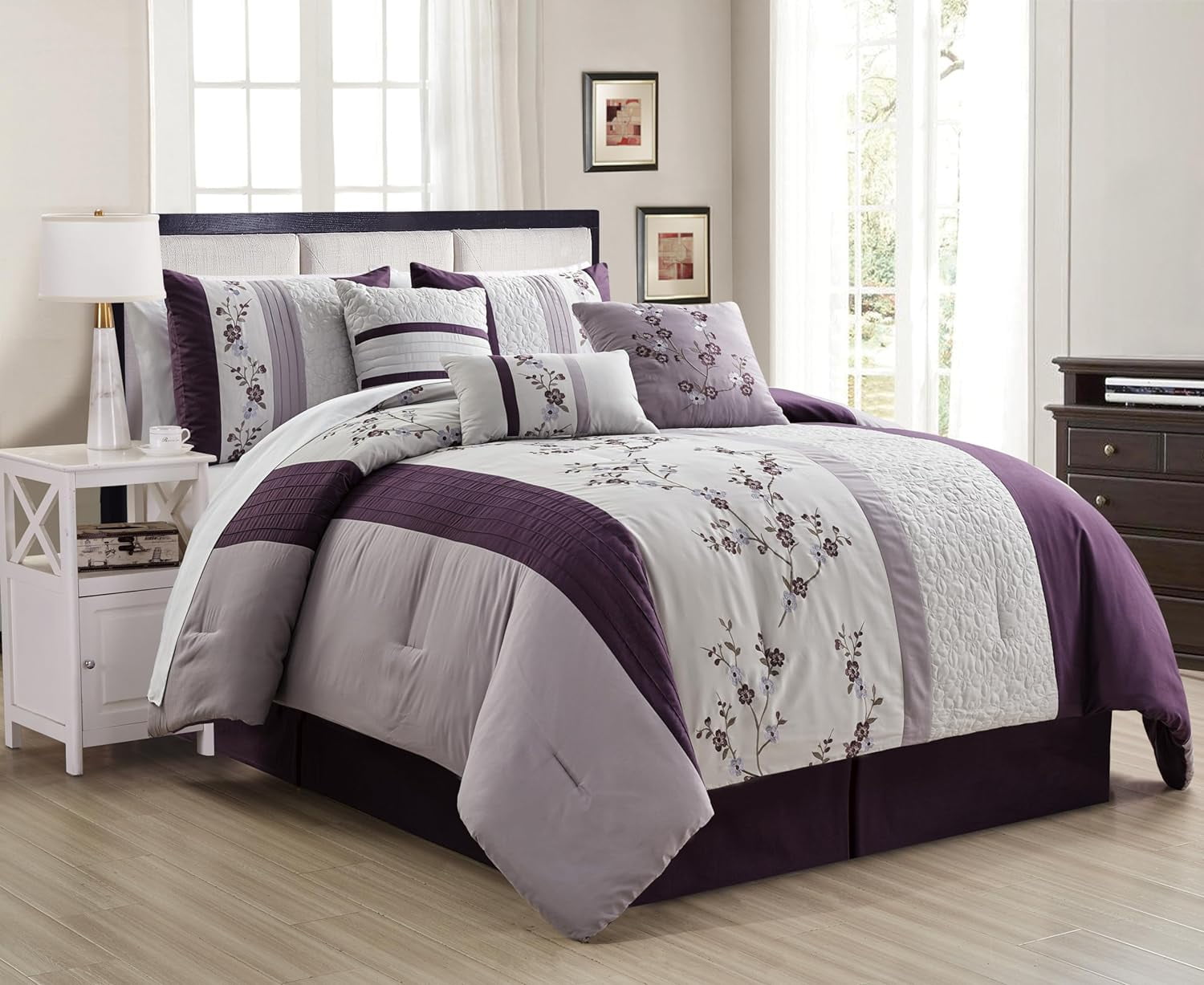 Full Purple and Lavender Floral Embroidery Comforter Set