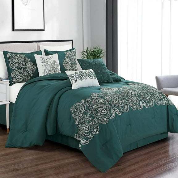Chezmoi Collection Linz 7-Piece Teal/White Paisley Floral Embroidery Comforter Set, King