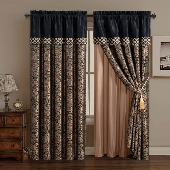 Chezmoi Collection Lisbon 4-Piece Jacquard Floral Window Curtain Set, Black/Gold