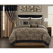 Chezmoi Collection Lisbon 7-Piece Black Gold Jacquard Floral Comforter Set, California King Size