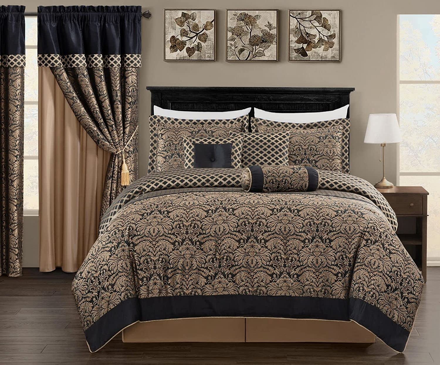 Chezmoi Collection Lisbon 7-Piece Black Gold Jacquard Floral Comforter Set, King Size