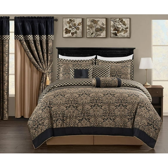 Chezmoi Collection Lisbon 7-Piece Black Gold Jacquard Floral Comforter Set, King Size