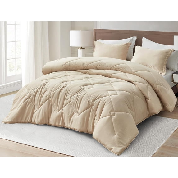 Chezmoi Collection Logan Light Sand Comforter Set Queen Size 3-Piece Lightweight Soft Stone-Washed Microfiber Bedding Set for All Season (1 Comforter 90x92, 2 Shams)