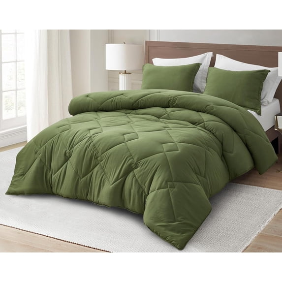 Chezmoi Collection Logan Olive Green Comforter Set Queen Size 3-Piece Lightweight Soft Stone-Washed Microfiber Bedding Set for All Season (1 Comforter 90x92, 2 Shams)