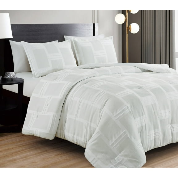 Chezmoi Collection Lorraine White Clip Jacquard Geometric Comforter Set, King, 3-Piece Striped Pattern Waffle Textured Lightweight Bedding