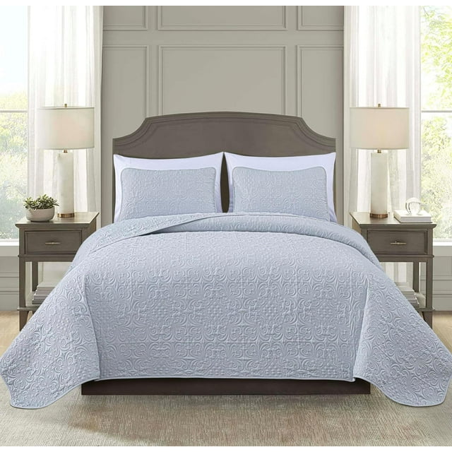 Chezmoi Collection Luca 3Piece King Size Quilt Set Silver Gray, Soft