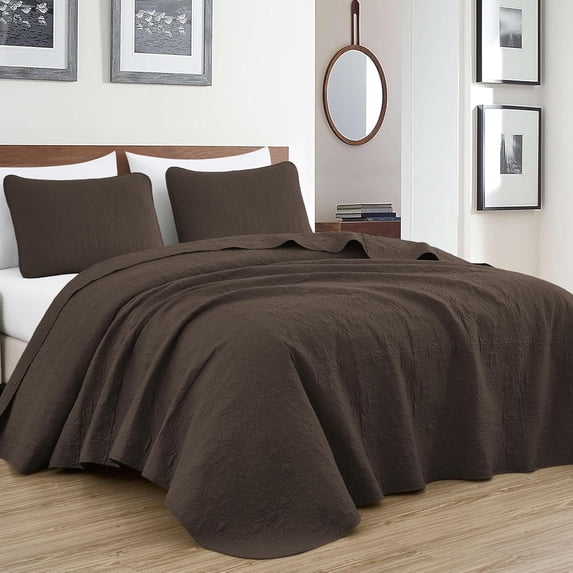 Chezmoi Collection Luca 3-Piece Oversized Bedspread Set, King Size, Chocolate, Summer Quilt Lightweight Microfiber Bedspread 118 x 106, Floral Medallion Pattern Coverlet for All Season