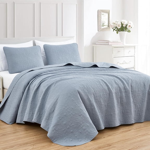 Chezmoi Collection Luca 3-Piece Oversized Bedspread Set, Queen Size, Cool Gray, Summer Quilt Lightweight Microfiber Bedspread 100 x 106, Floral Medallion Pattern Coverlet for All Season