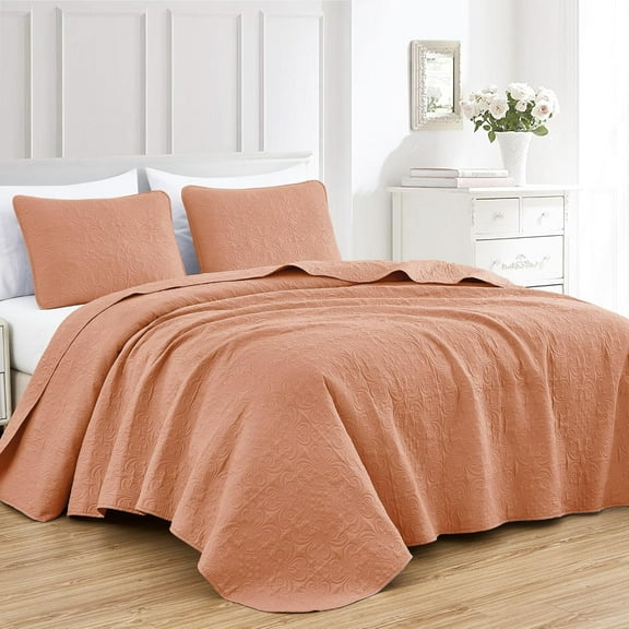 Chezmoi Collection Luca 3-Piece Oversized Bedspread Set, Queen Size, Salmon, Summer Quilt Lightweight Microfiber Bedspread 100 x 106, Floral Medallion Pattern Coverlet for All Season