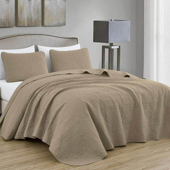 Chezmoi Collection Luca 3-Piece Oversized Bedspread Set, Queen Size, Taupe, Summer Quilt Lightweight Microfiber Bedspread 100 x 106, Floral Medallion Pattern Coverlet for All Season