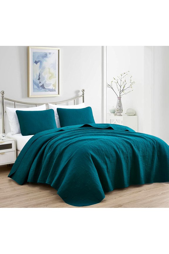 Luca 3-Piece Oversized Bedspread Set, Queen Size, Teal, Summer Quilt Lightweight Microfiber Bedspread 100 x 106, Floral Medallion Pattern Coverlet for All Season