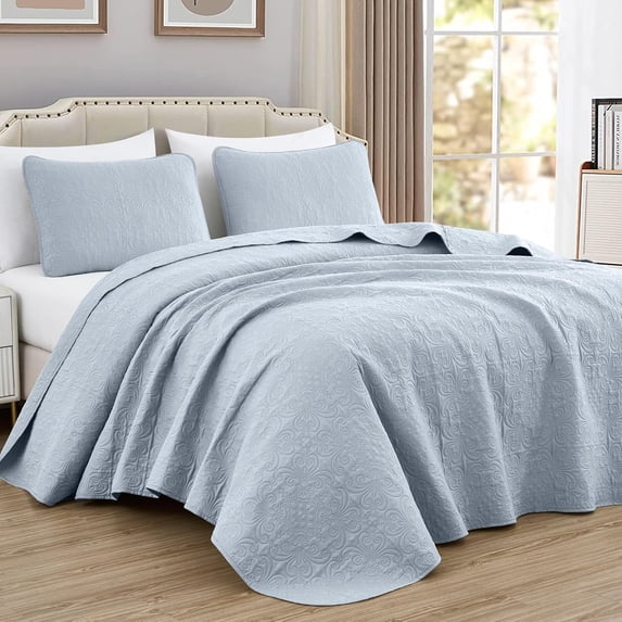Chezmoi Collection Luca 3-Piece Oversized Bedspread Set, Queen Size, Silver Gray, Summer Quilt Lightweight Microfiber Bedspread 100 x 106, Floral Medallion Pattern Coverlet for All Season