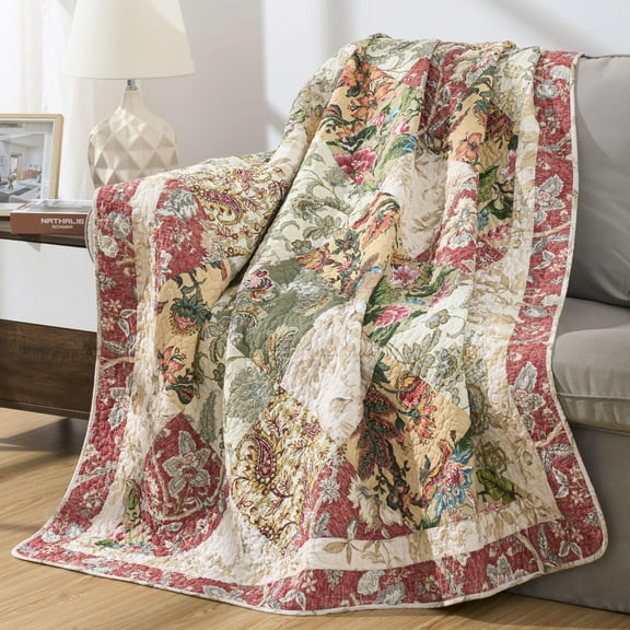 Chezmoi Collection Lunaria 1-Piece Floral Patchwork Quilted Throw - Soft Breathable Vintage Washed Cotton Reversible Quilt for All Seasons. Throw Blanket