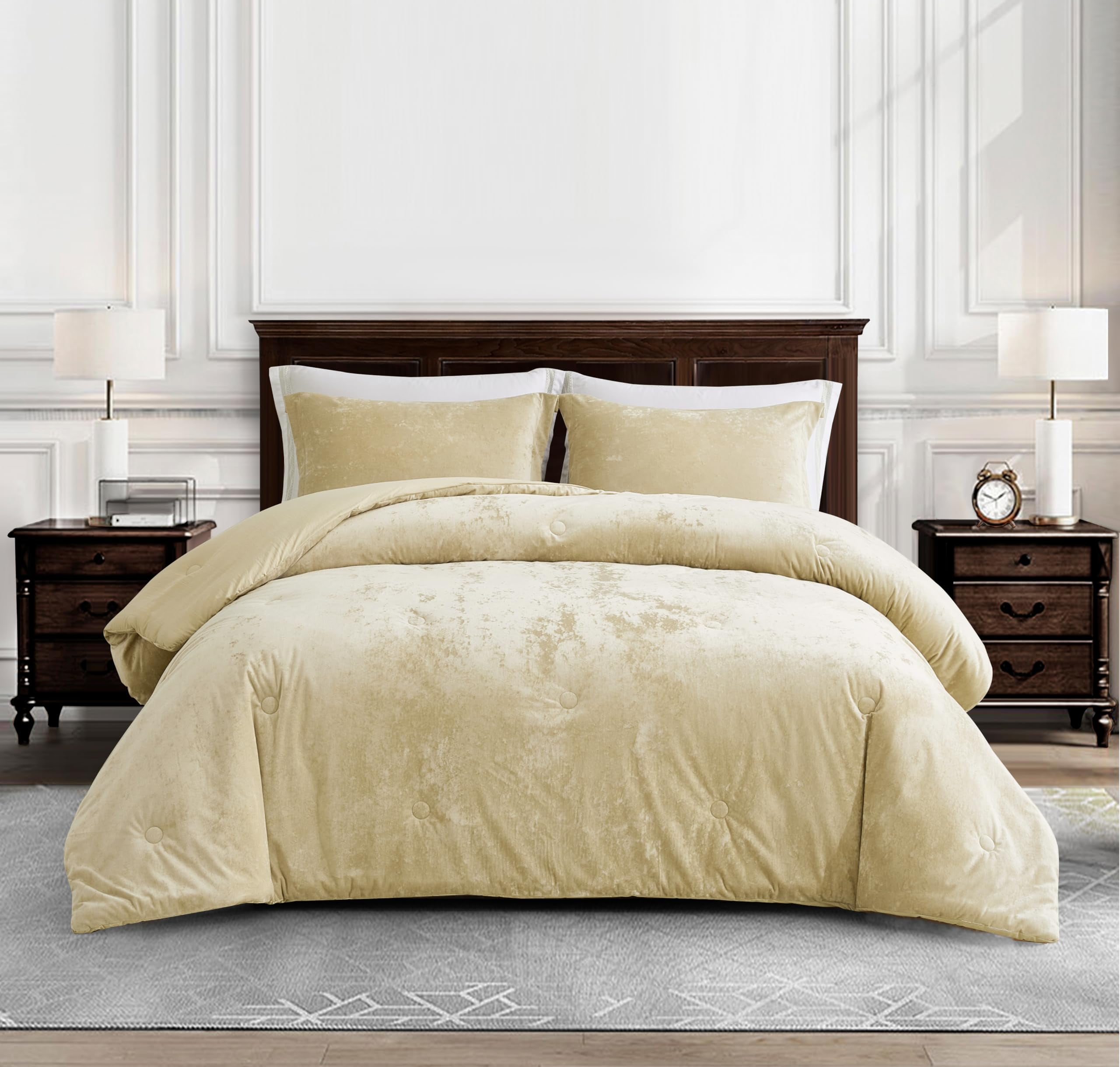 Chezmoi Collection Lux 3-Piece Beige Velvet Comforter Set King Size, All Season Lush Plush Velvet Bedding Set with Soft Washed Microfiber Reverse