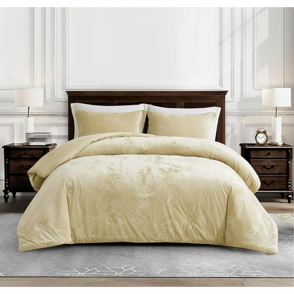 Chezmoi Collection Lux 3-Piece Beige Velvet Comforter Set King Size, All Season Lush Plush Velvet Bedding Set with Soft Washed Microfiber Reverse