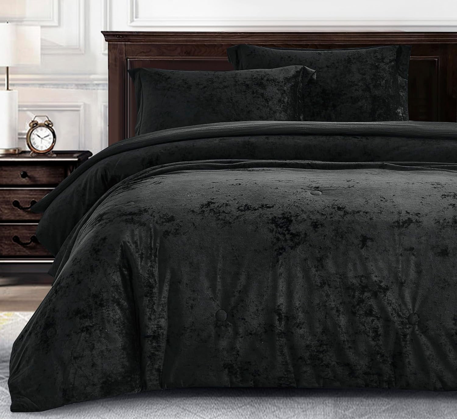 Chezmoi Collection Lux 3Piece Black Velvet Comforter Set Queen Size, All Season Lush Plush