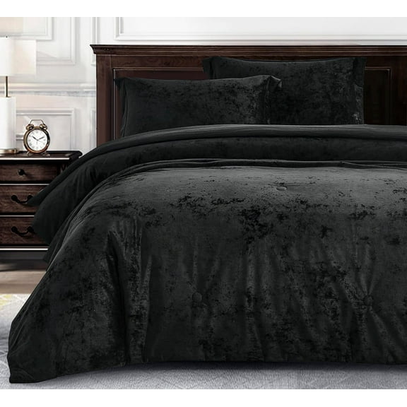 Chezmoi Collection Lux 3-Piece Black Velvet Comforter Set Queen Size, All Season Lush Plush Velvet Bedding Set with Soft Washed Microfiber Reverse