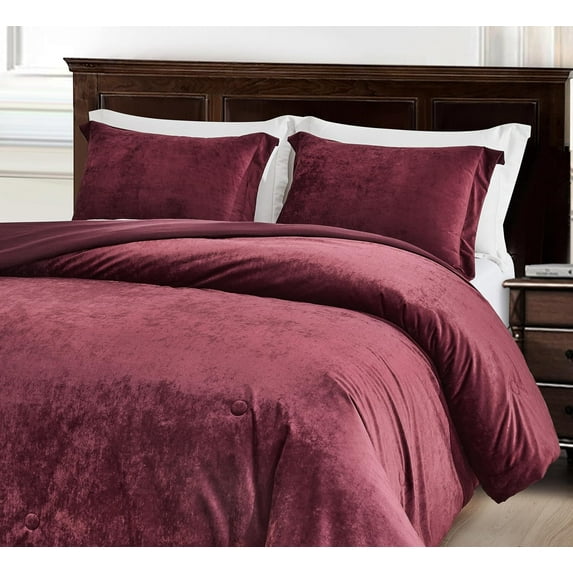 Chezmoi Collection Lux 3-Piece Burgundy Velvet Comforter Set Queen Size, All Season Lush Plush Velvet Bedding Set with Soft Washed Microfiber Reverse