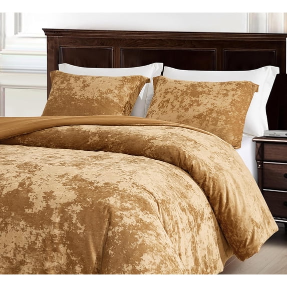 Chezmoi Collection Lux 3-Piece Caramel Gold Velvet Comforter Set King Size, All Season Lush Plush Velvet Bedding Set with Soft Washed Microfiber Reverse