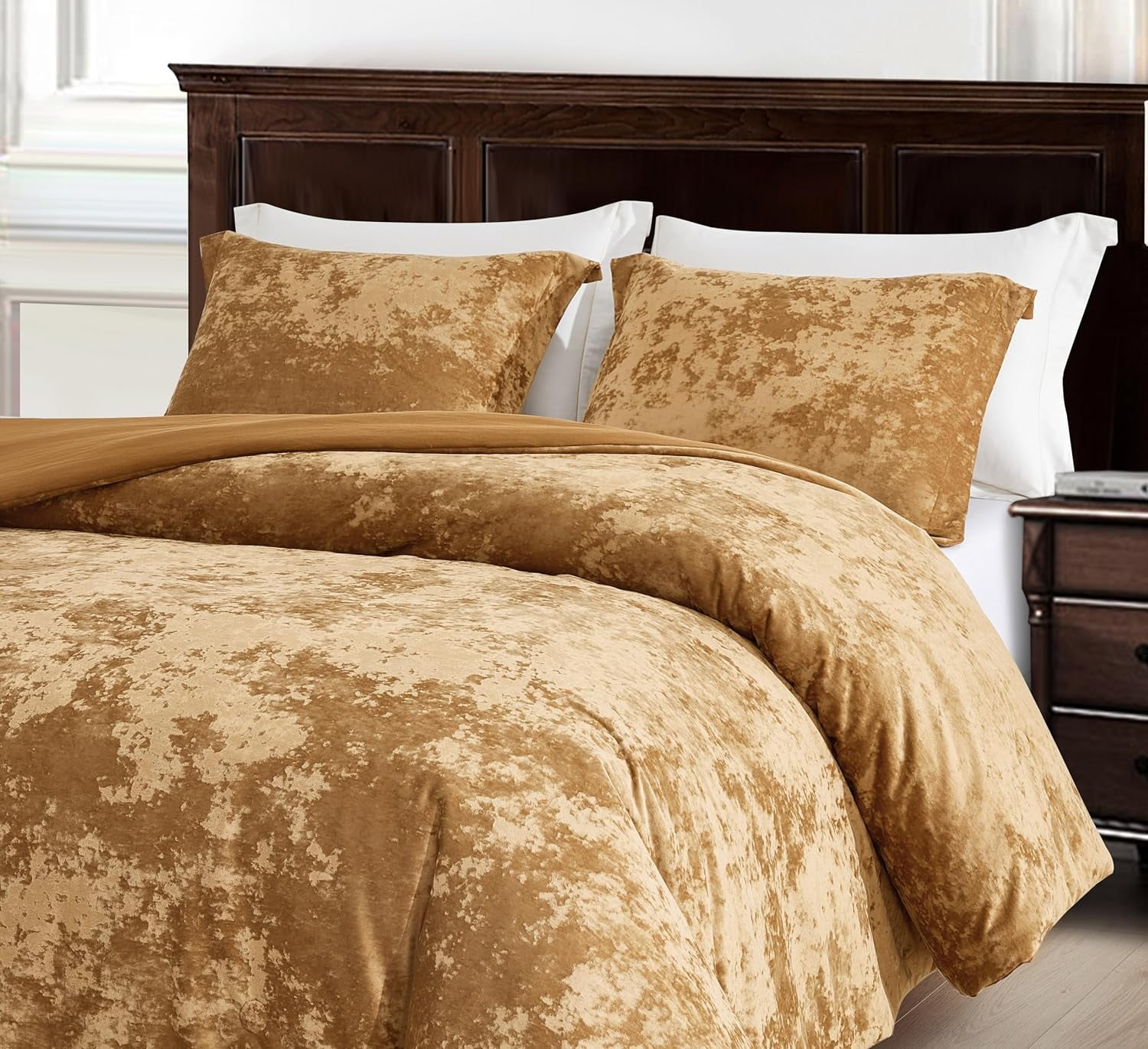 Chezmoi Collection Lux 3Piece Caramel Gold Velvet Comforter Set Queen