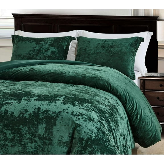 Chezmoi Collection Lux 3-Piece Forest Green Velvet Comforter Set King Size, All Season Lush Plush Velvet Bedding Set with Soft Washed Microfiber Reverse