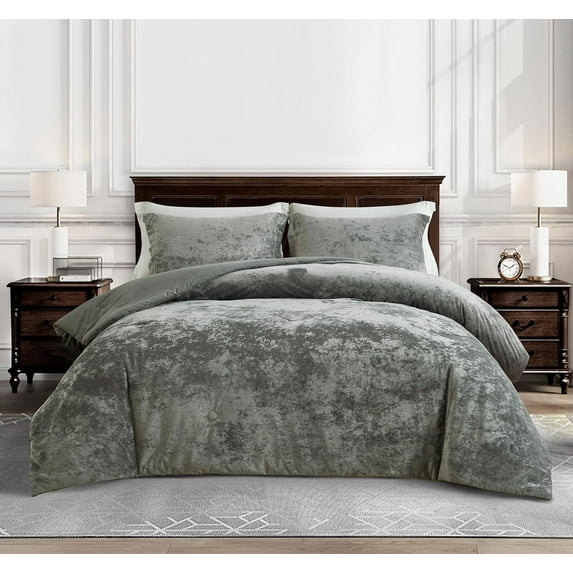 Chezmoi Collection Lux 3-Piece Medium Gray Velvet Comforter Set King Size, All Season Lush Plush Velvet Bedding Set with Soft Washed Microfiber Reverse