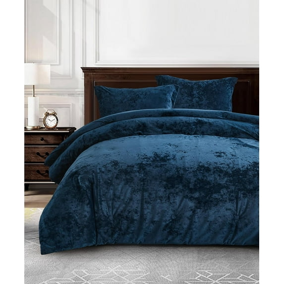 Chezmoi Collection Lux 3-Piece Navy Blue Velvet Comforter Set Queen Size, All Season Lush Plush Velvet Bedding Set with Soft Washed Microfiber Reverse