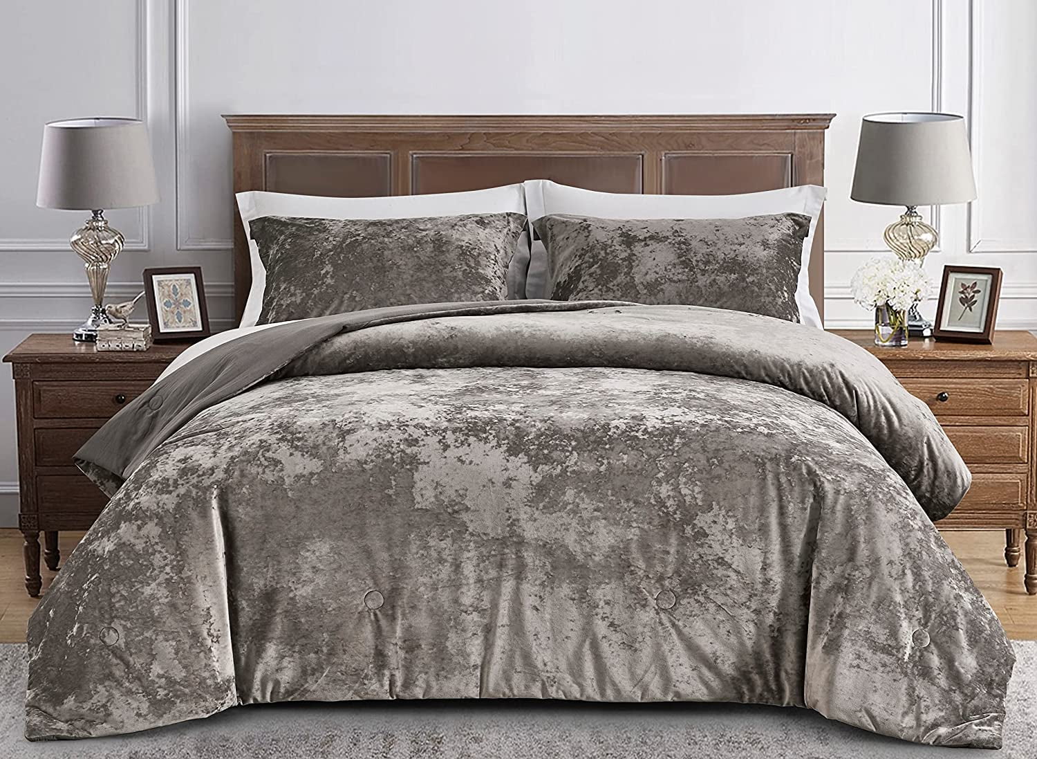 Chezmoi Collection Lux 3-Piece Velvet Comforter Set, Pewter Gray, Queen ...