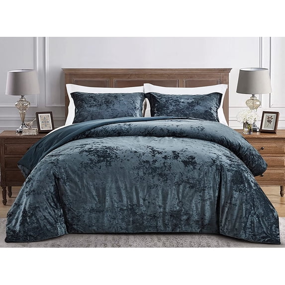 Chezmoi Collection Lux 3-Piece Storm Blue Shimmer Velvet Bedding Set Queen Size Lush Plush Velvet Comforter Set With Soft Brushed Microfiber Reverse