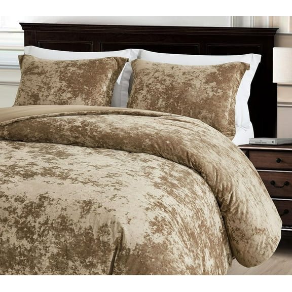 Chezmoi Collection Lux 3-Piece Tan Velvet Comforter Set Queen Size, All Season Lush Plush Velvet Bedding Set with Soft Washed Microfiber Reverse