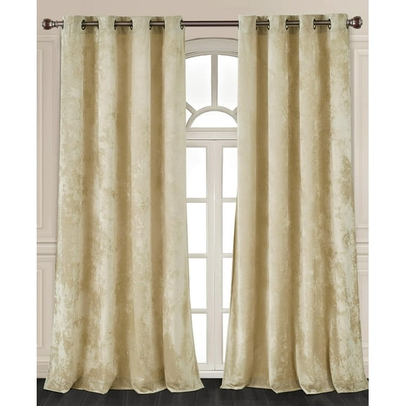 Chezmoi Collection Lux Beige Distressed Velvet Curtains 2 Panel Set, Room Darkening Luxury Velvet Grommet Top Window Drapes for Living Room Bedroom 50" W x 72" L
