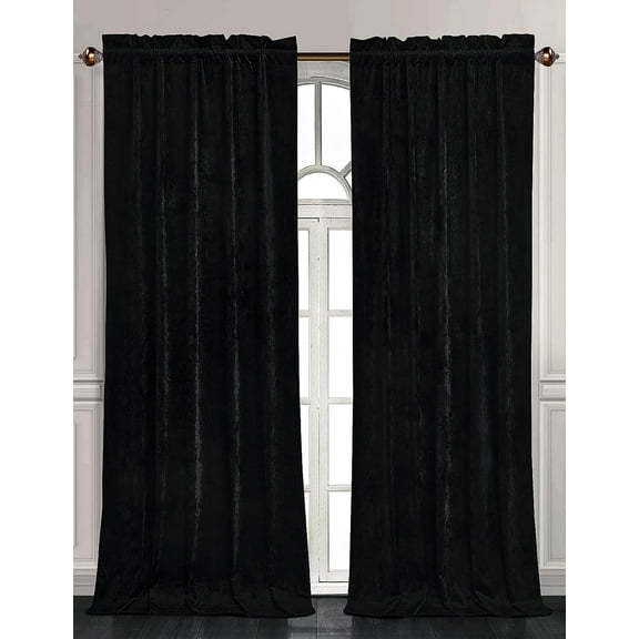 Chezmoi Collection Lux Black Crushed Velvet Curtains 2 Panel Set, Room Darkening Luxury Distressed Velvet Rod Pocket Window Drapes for Living Room Bedroom 50" W x 96" L