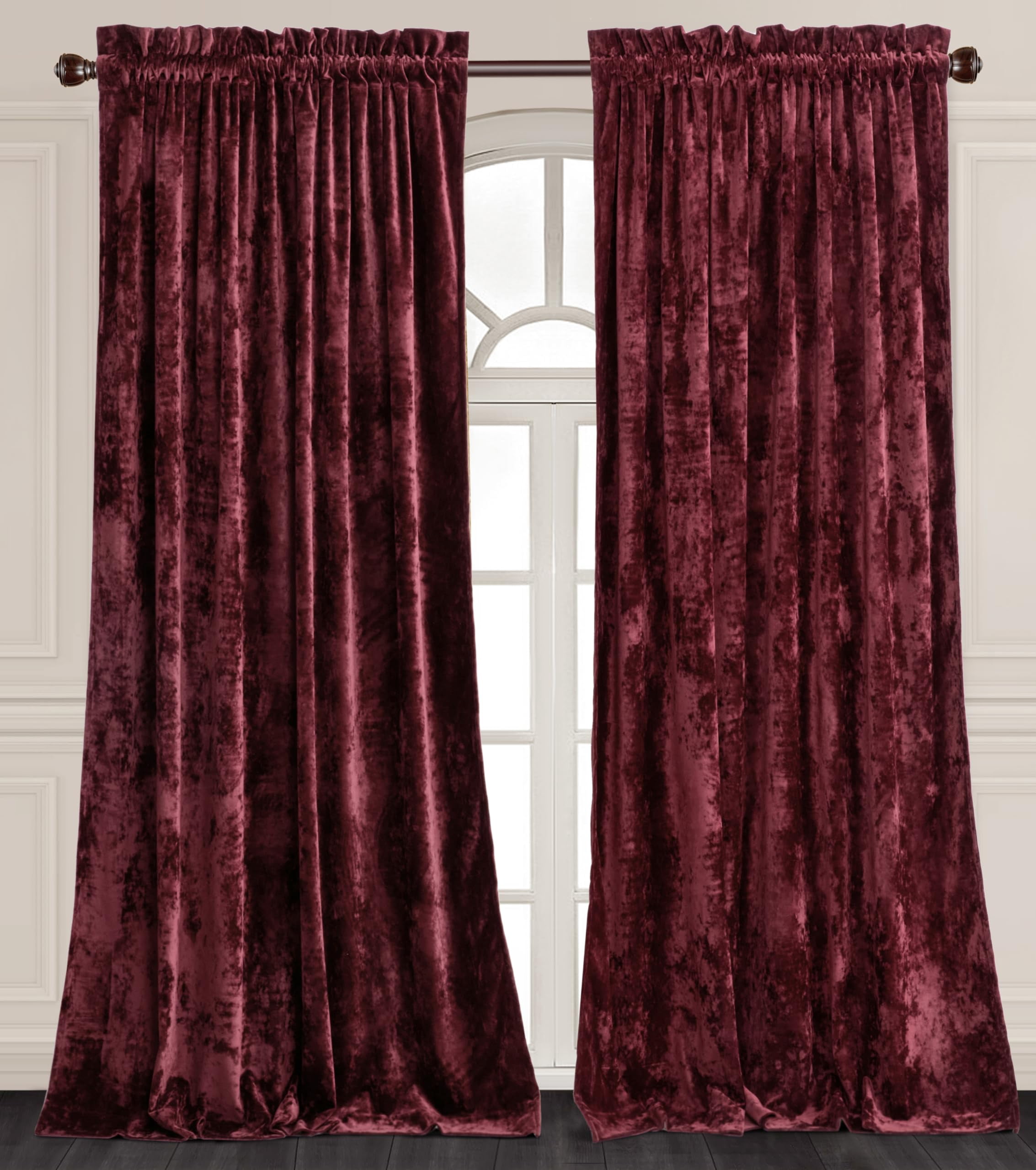 Chezmoi Collection Lux Burgundy Red Crushed Velvet Curtains 2 Panel Set, Room Darkening Luxury Distressed Velvet Rod Pocket Window Drapes for Living Room Bedroom 50" W x 96" L