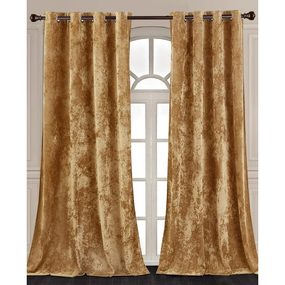 Chezmoi Collection Lux Caramel Gold Distressed Velvet Curtains 2 Panel Set, Room Darkening Luxury Velvet Grommet Top Window Drapes for Living Room Bedroom 50" W x 84" L