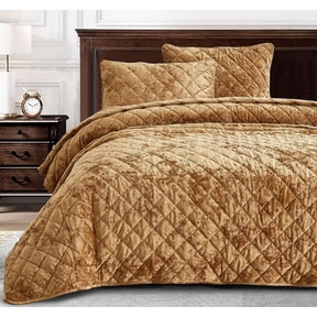 Chezmoi Collection Lux Caramel Gold Velvet Quilt Queen Set, 3-Piece Lush Plush Distressed Velvet Bedding All Season Lightweight Bedspread Brushed Microfiber Reverse with Diamond Stitch Quilting