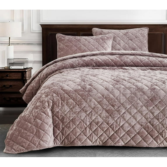 Chezmoi Collection Lux Dusty Pink Velvet Quilt King Set, 3-Piece Lush Plush Distressed Velvet Bedding All Season Lightweight Bedspread Brushed Microfiber Reverse with Diamond Stitch Quilting