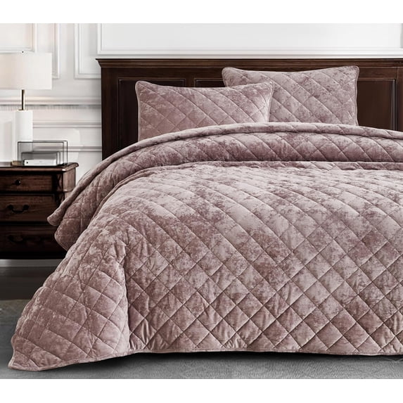 Chezmoi Collection Lux Dusty Pink Velvet Quilt Queen Set, 3-Piece Lush Plush Distressed Velvet Bedding All Season Lightweight Bedspread Brushed Microfiber Reverse with Diamond Stitch Quilting