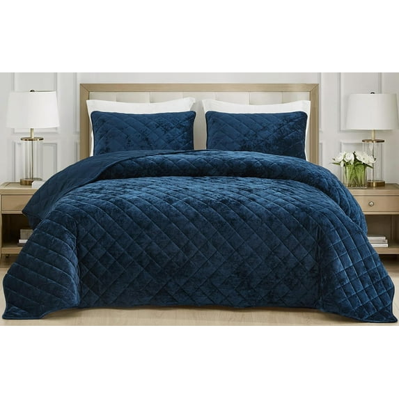 Chezmoi Collection Lux Navy Blue Velvet Quilt King Set, 3-Piece Lush Plush Distressed Velvet Bedding All Season Lightweight Bedspread Brushed Microfiber Reverse with Diamond Stitch Quilting