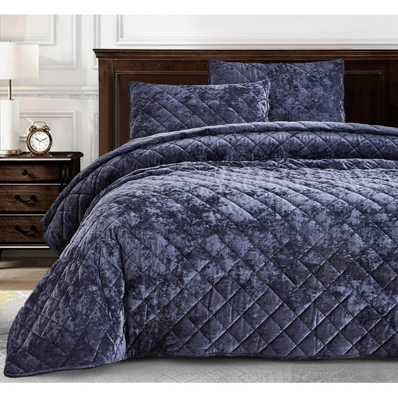 Chezmoi Collection Lux Purple Velvet Quilt Queen Set, 3-Piece Lush Plush Distressed Velvet Bedding All Season Lightweight Bedspread Brushed Microfiber Reverse with Diamond Stitch Quilting
