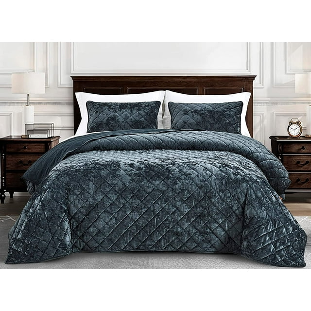 Chezmoi Collection Lux Storm Blue Velvet Quilt King Set, 3Piece Lush